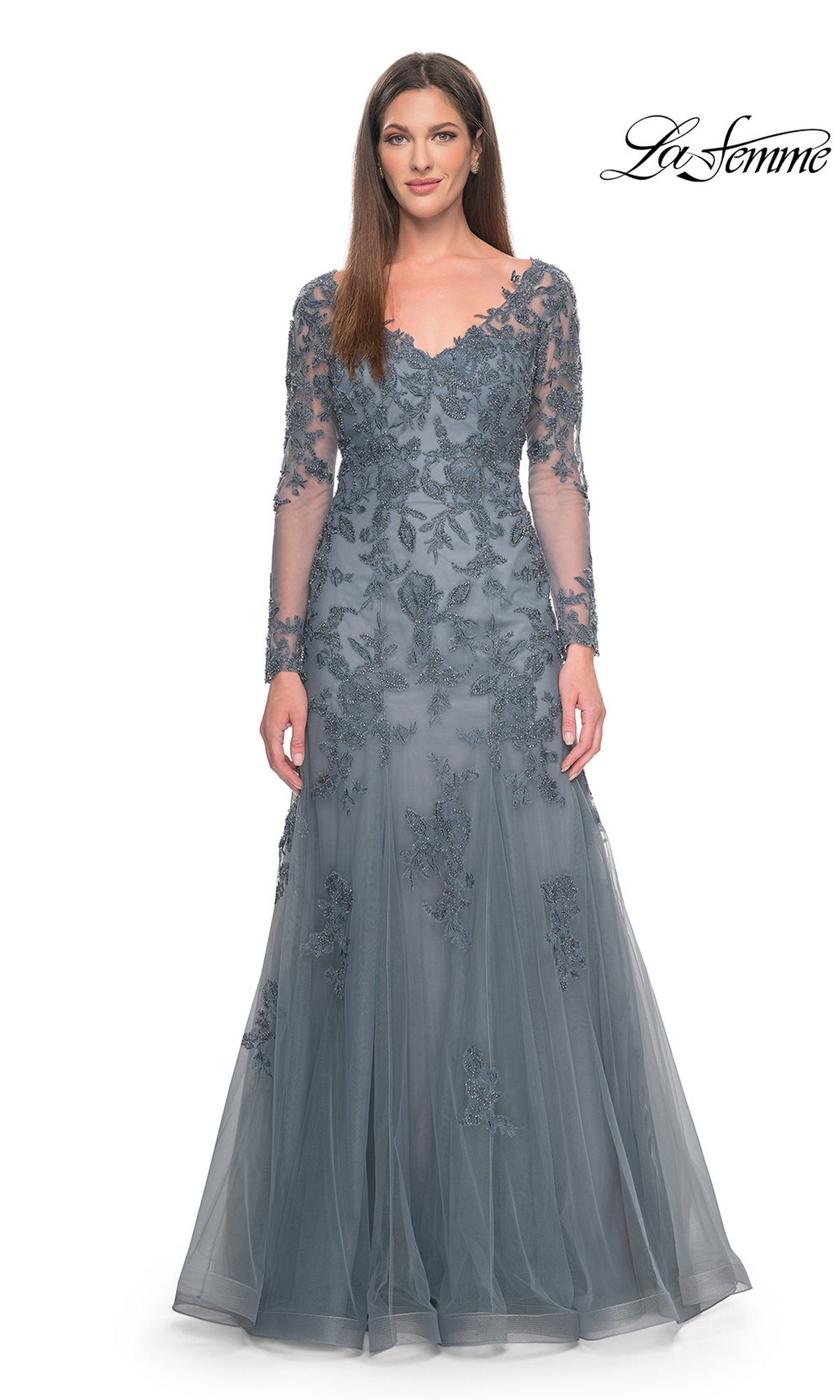 La Femme 31887 slate gray long-sleeved formal dress with a V-neckline and intricate floral embroidery featuring beaded lace appliques.